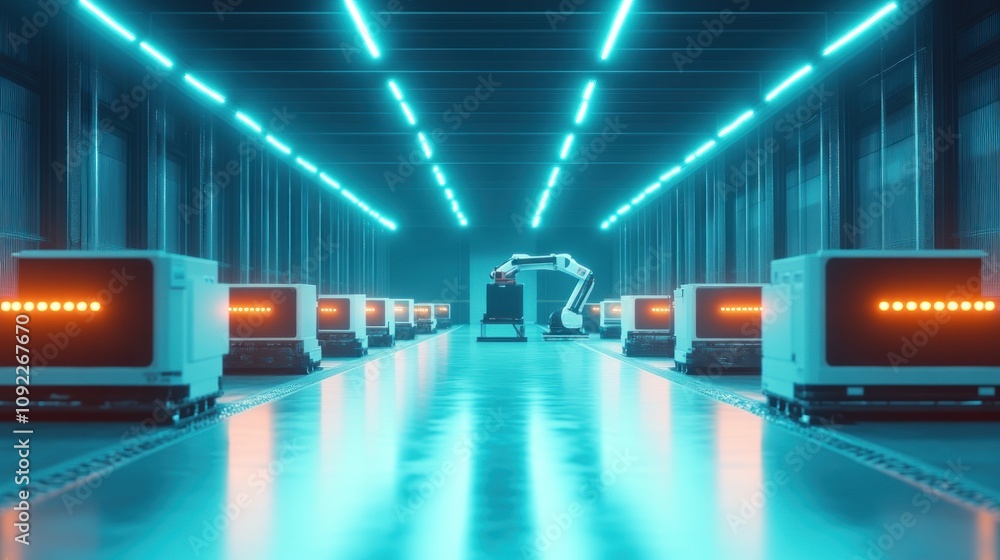 Poster automated robotic warehouse system with conveyors