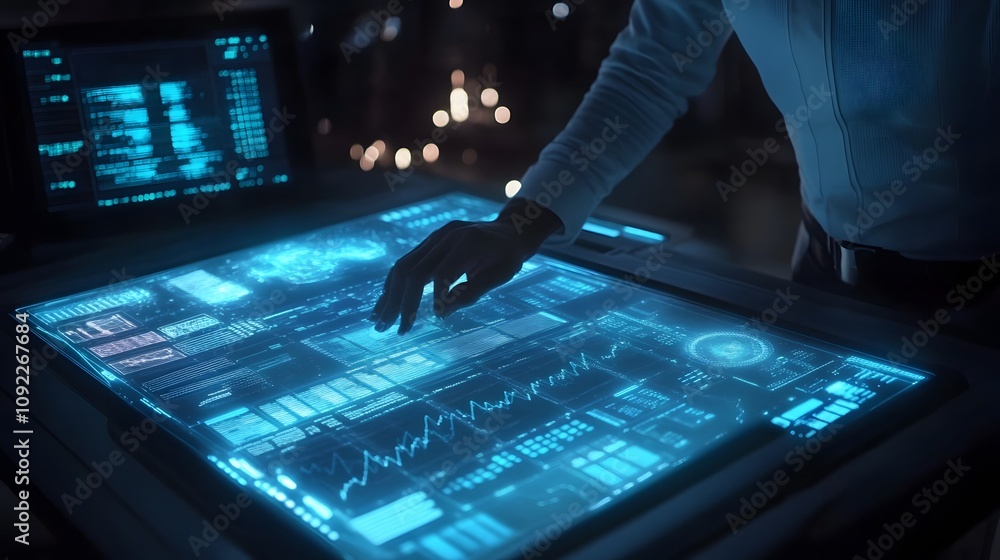 Aufkleber a remote worker conducting financial analysis on a 3d glowing holographic spreadsheet with 2d charts