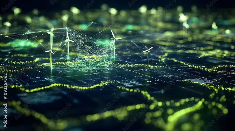 Poster A professional presenting a 3D glowing map of renewable energy sources, surrounded by 2D data points of energy efficiency. 4k resolution, Cinematic Scene