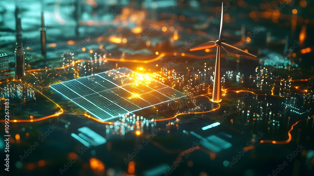 Poster A professional presenting a 3D glowing map of renewable energy sources, surrounded by 2D data points of energy efficiency. 4k resolution, Cinematic Scene