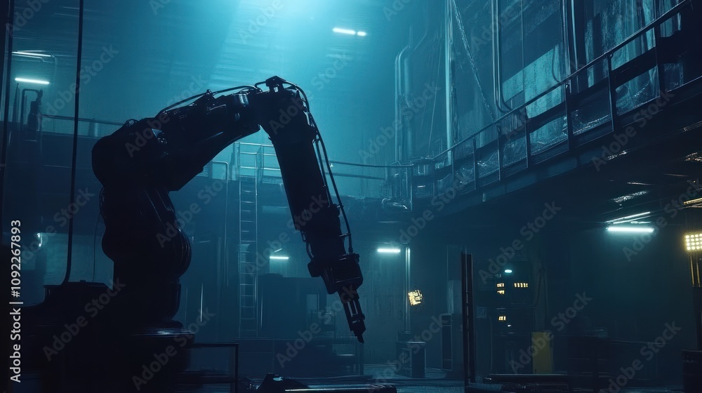 Poster Industrial Robot Arm in a Dark Factory Setting