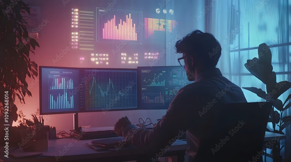 Poster a professional in a light-filled office analyzing 3d glowing visuals of water conservation metrics, 