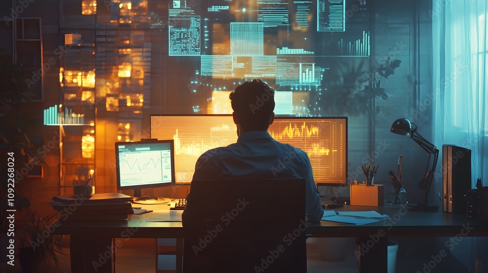 Poster a professional in a light-filled office analyzing 3d glowing visuals of water conservation metrics, 