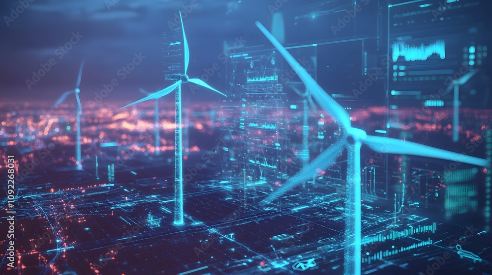 Poster A collaborative workshop with 3D holographic wind turbine components and 2D glowing data visualizations. 4k resolution, Cinematic Scene