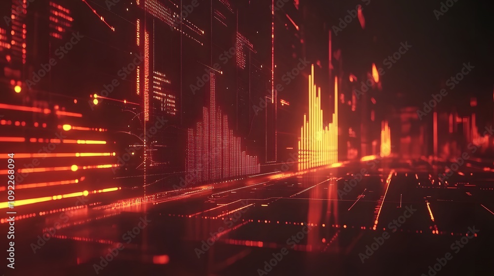 Poster a presentation featuring 3d glowing graphs of sustainable business growth and 2d indicators of globa