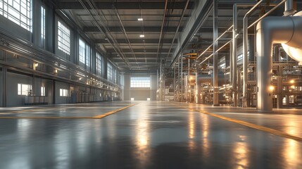 A clean manufacturing plant with 3D glowing production lines optimized for eco-efficiency and 2D overlays of resource savings. 4k resolution, Cinematic Scene