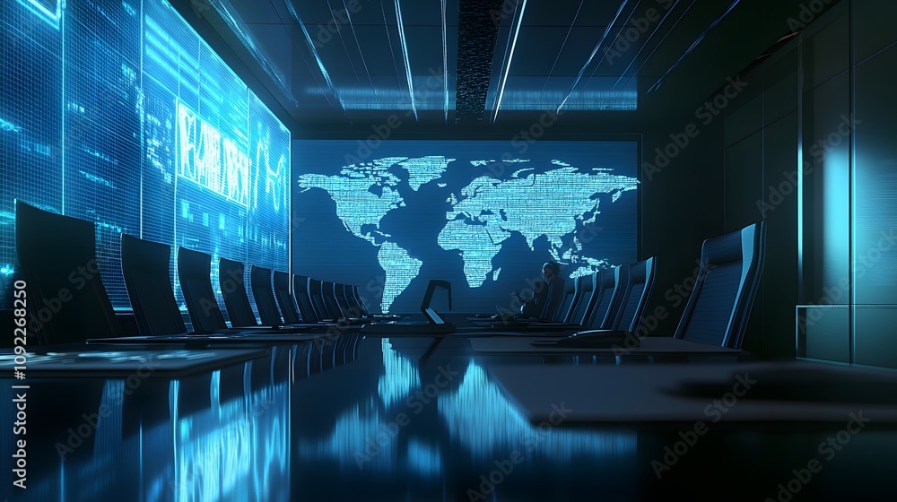 Poster a team in a clean boardroom reviewing 3d glowing global energy consumption trends and 2d floating im