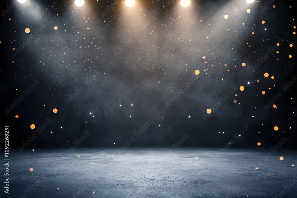 Poster abstract vintage dark background with spotlight on stage, grey floor and light, with particles creat