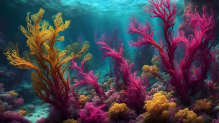 Obraz premium A fantasy underwater world where seaweed grows in colors like magenta cyan and gold, AI Generated