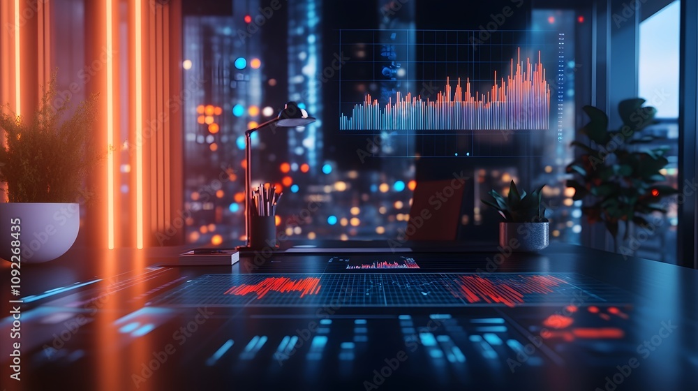 Poster a minimalist desk with 3d holographic projections of renewable product statistics and 2d floating ma