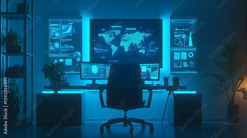 Poster a modern workspace discussing 3d glowing climate action goals alongside 2d glowing projections of th