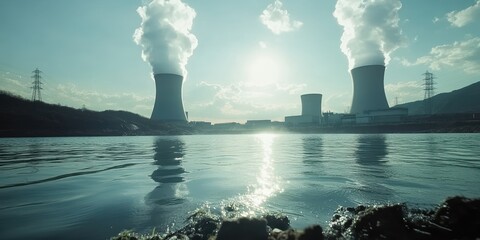 Wide angle view of a nuclear power plant with cooling towers coastal environment industrial photography nature scene