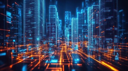 Obraz premium Futuristic cityscape with glowing digital lines and buildings.