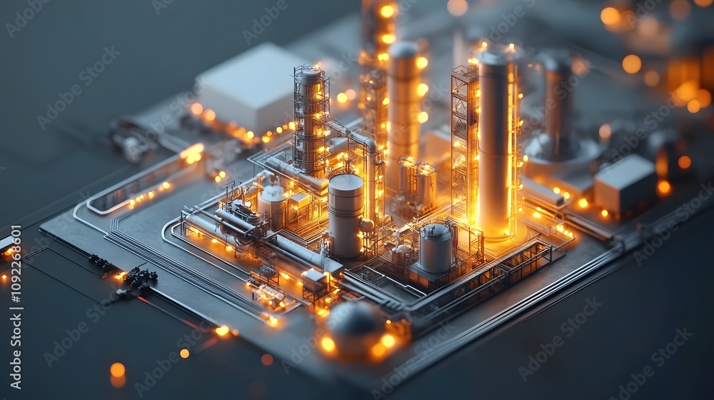 Poster a collaborative presentation showing 3d glowing industrial processes optimized for low emissions, wi