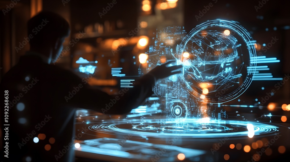 Poster A virtual training session discussing 3D glowing models of sustainable business certifications, with 2D indicators of implementation success. 4k resolution, Cinematic Scene