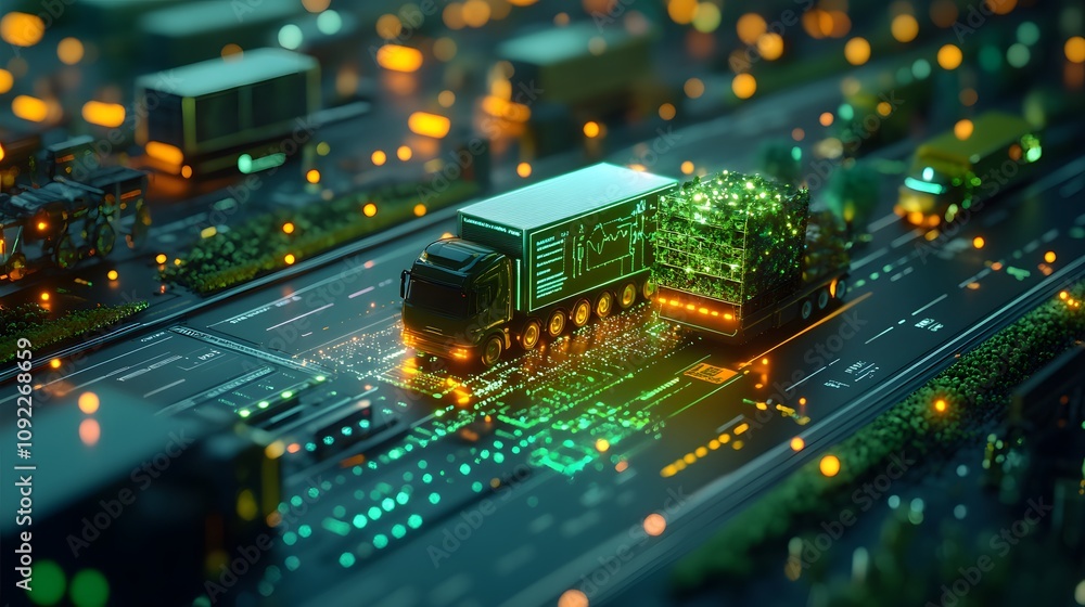Poster a digital presentation showcasing 3d glowing farm-to-table logistics, with 2d metrics of sustainable
