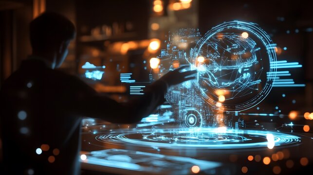 A virtual training session discussing 3D glowing models of sustainable business certifications, with 2D indicators of implementation success. 4k resolution, Cinematic Scene