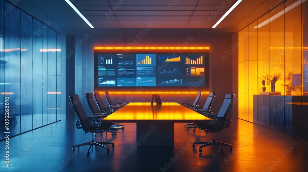 Poster A minimalist office reviewing 3D glowing dashboards of net-zero initiatives, with 2D animated visual progress. 4k resolution, Cinematic Scene