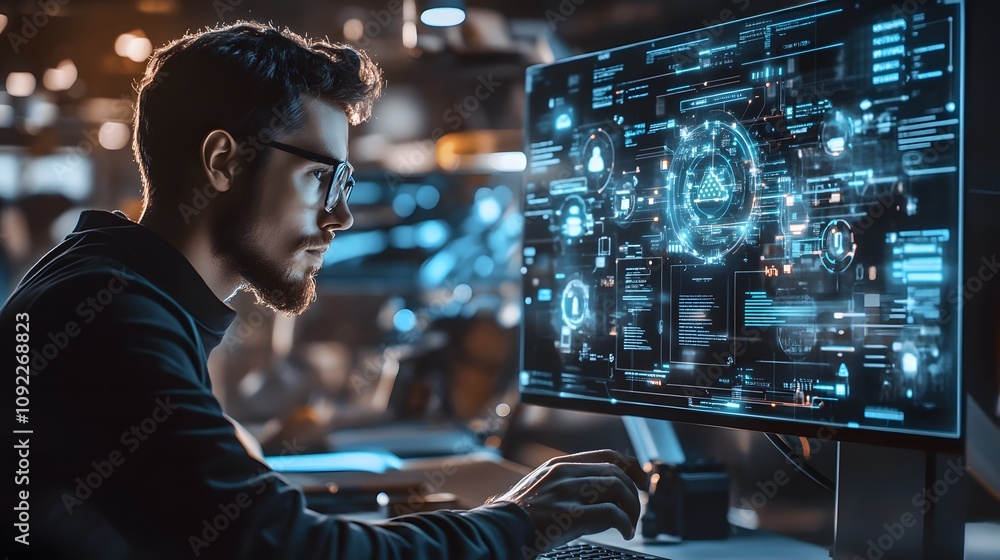 Poster A designer working on a 3D glowing prototype while 2D annotations highlight creative modifications. 4k resolution, Cinematic Scene