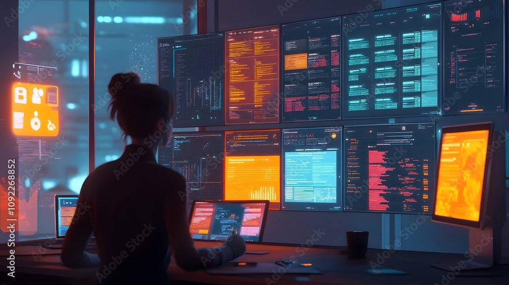 Poster A remote collaboration session featuring 3D holographic task boards and 2D animated checklists. 4k resolution, Cinematic Scene