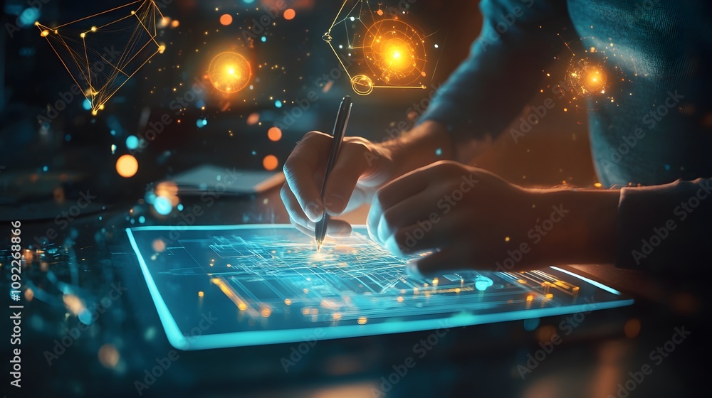 Poster A professional sketching a 3D glowing model of a solution, with 2D glowing ideas floating above the sketchpad. 4k resolution, Cinematic Scene
