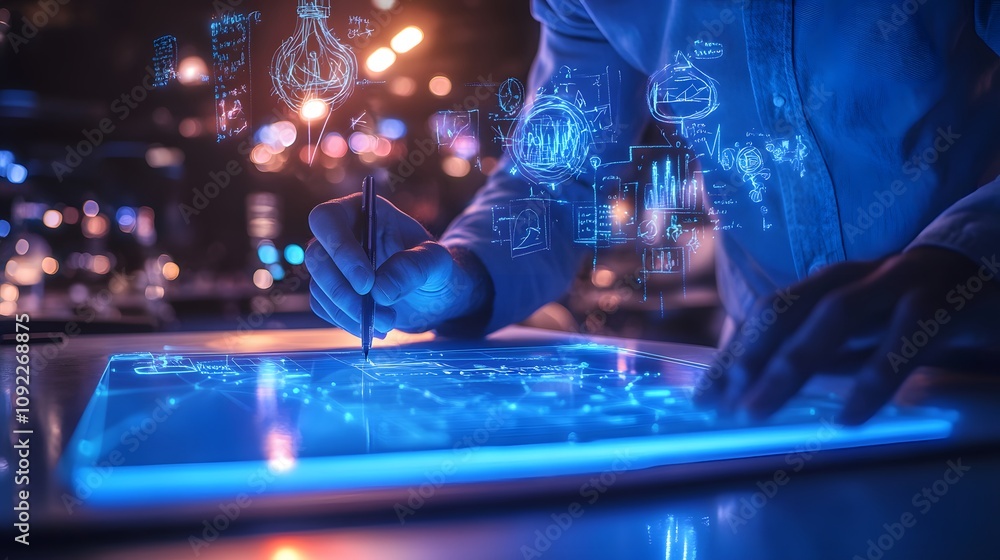 Poster A professional sketching a 3D glowing model of a solution, with 2D glowing ideas floating above the sketchpad. 4k resolution, Cinematic Scene