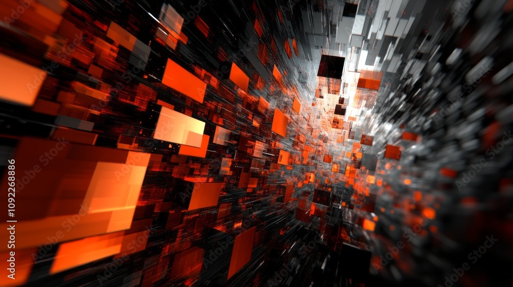 Poster a colorful, abstract image of a room with many orange and black squares