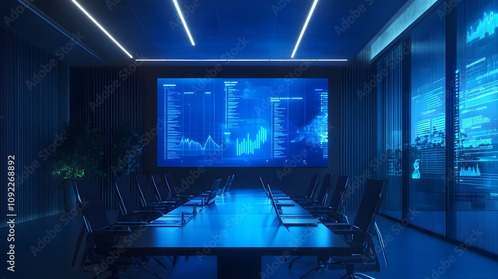 Poster A tech-driven meeting room displaying 3D glowing data visuals and 2D animations guiding a creative brainstorming session. 4k resolution, Cinematic Scene