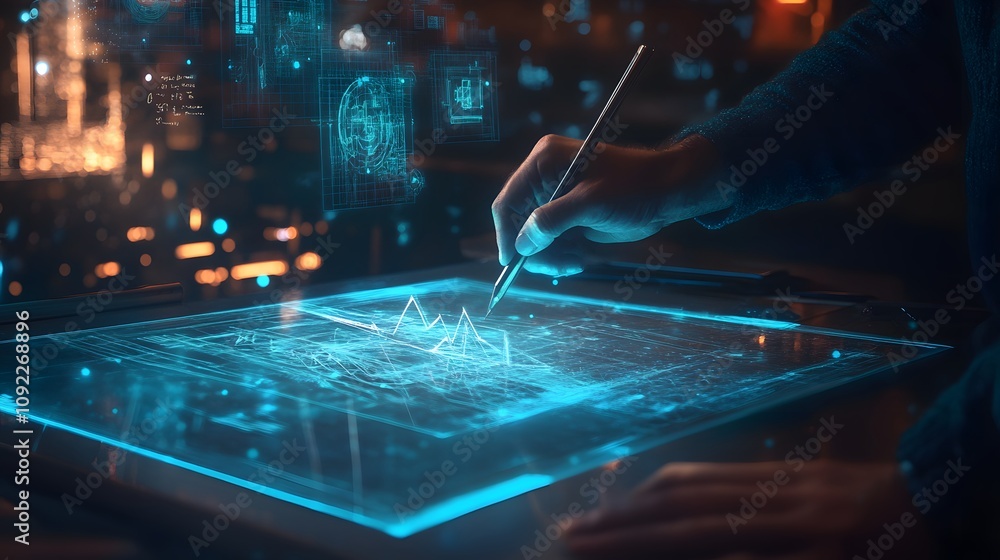 Poster A professional sketching a 3D glowing model of a solution, with 2D glowing ideas floating above the sketchpad. 4k resolution, Cinematic Scene