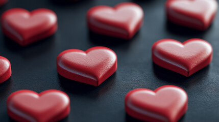 Obraz premium Colorful red heart shapes arranged on a dark surface for festive decorations and events