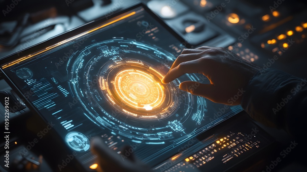 Poster A designer refining a 3D glowing prototype on a tablet, with 2D animated instructions guiding the process. 4k resolution, Cinematic Scene