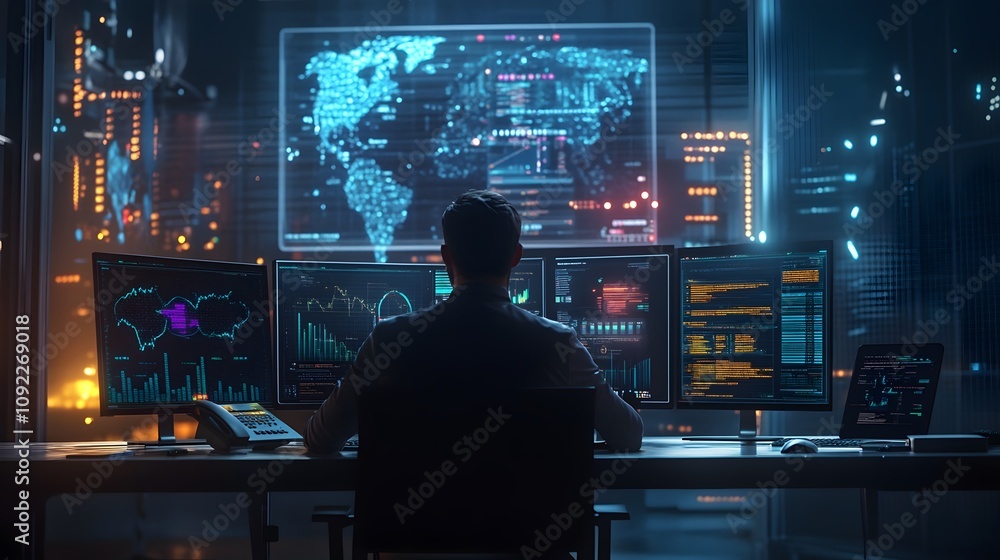 Poster A professional presenting a 3D glowing workflow of a solution while 2D metrics display the success of their strategy. 4k resolution, Cinematic Scene