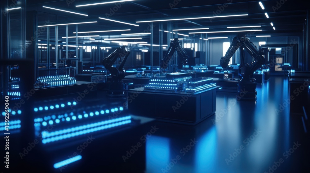 Poster automated robotic laboratory with blue lighting and samples