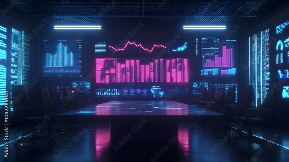 Poster A professional presenting a 3D glowing workflow of a solution while 2D metrics display the success of their strategy. 4k resolution, Cinematic Scene