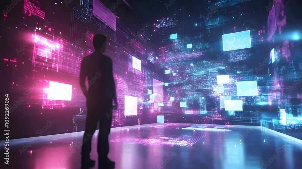 Aufkleber A digital studio where participants manipulate 3D glowing design elements with 2D feedback guides floating around. 4k resolution, Cinematic Scene