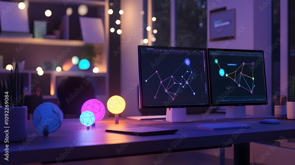 Poster A workspace featuring 3D glowing models of problem scenarios and 2D pathways showing potential solutions. 4k resolution, Cinematic Scene