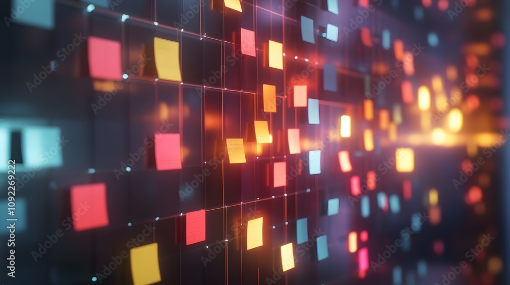 Poster A creative brainstorming wall filled with 3D glowing post-it notes and 2D animated pathways connecting the ideas. 4k resolution, Cinematic Scene