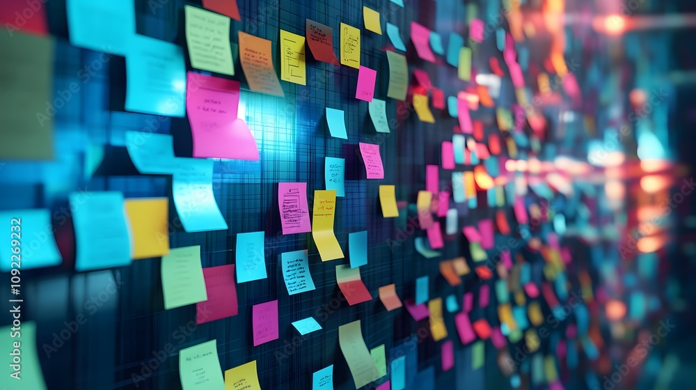 Poster A creative brainstorming wall filled with 3D glowing post-it notes and 2D animated pathways connecting the ideas. 4k resolution, Cinematic Scene