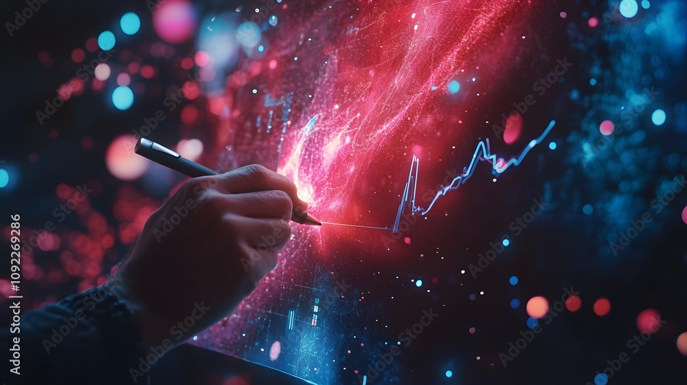 Aufkleber A professional using a stylus to interact with a 3D glowing holographic whiteboard, with 2D visual progress metrics. 4k resolution, Cinematic Scene