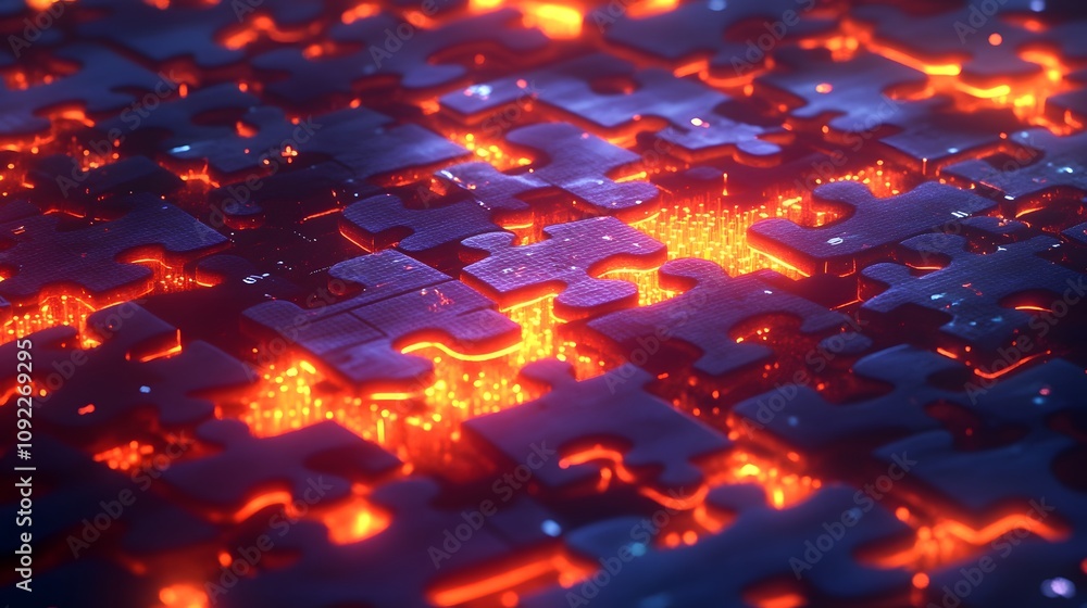 Poster a workspace showing 3d glowing puzzle pieces coming together, with 2d glowing trails connecting the 