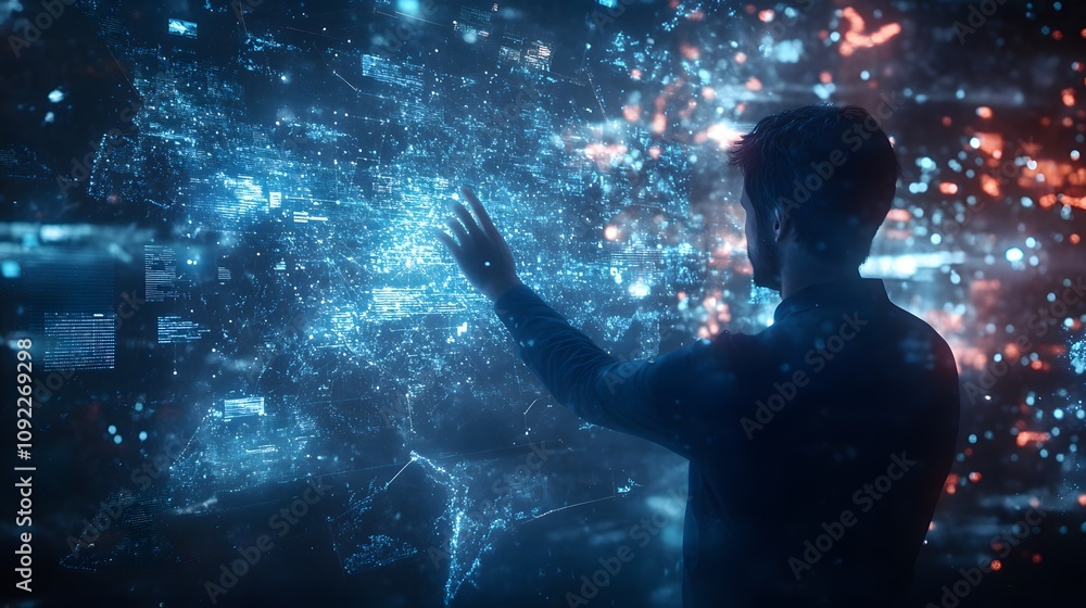 Poster A creative professional visualizing a solution on a holographic 3D interface, with 2D glowing annotations providing insights. 4k resolution, Cinematic Scene