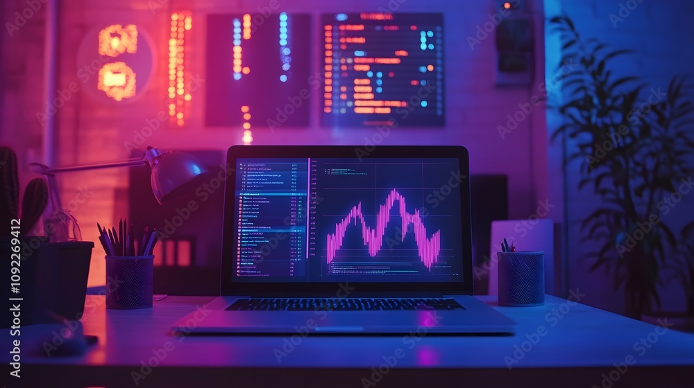 Poster A minimalist desk with a laptop projecting 3D glowing graphs of startup growth and 2D floating financial indicators. 4k resolution, Cinematic Scene
