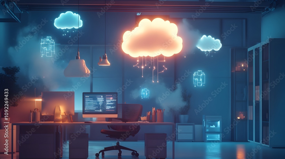 Poster A team brainstorming in a clean office, with 3D glowing idea clouds and 2D task flow diagrams floating in the air. 4k resolution, Cinematic Scene