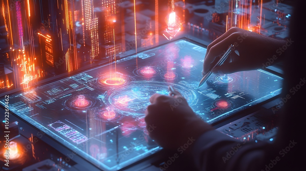 Poster a founder sketching product concepts on a tablet, surrounded by 3d holographic designs and 2d annota