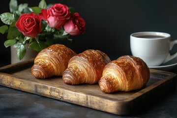 Photo of Croissants with Coffee and Roses on a Wooden Table Setting