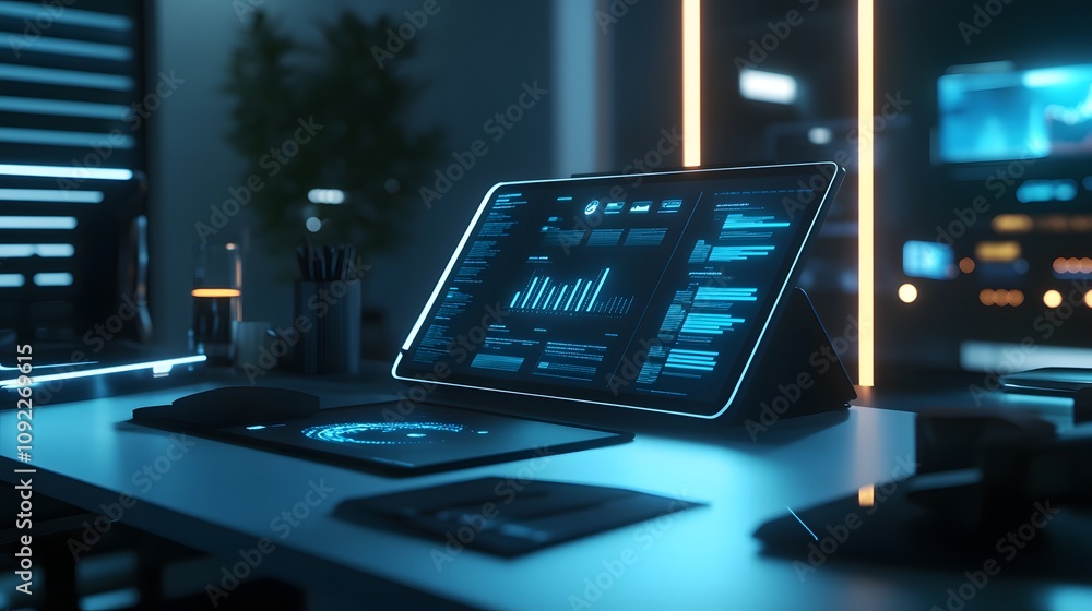Poster A clean desk with a tablet displaying 3D glowing startup growth models and 2D annotations of milestones. 4k resolution, Cinematic Scene