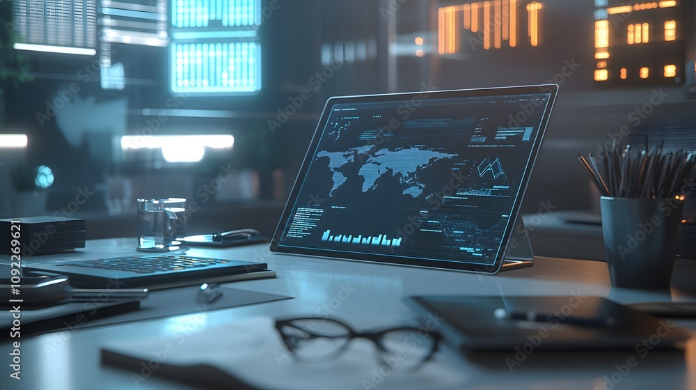 Poster A clean desk with a tablet displaying 3D glowing startup growth models and 2D annotations of milestones. 4k resolution, Cinematic Scene