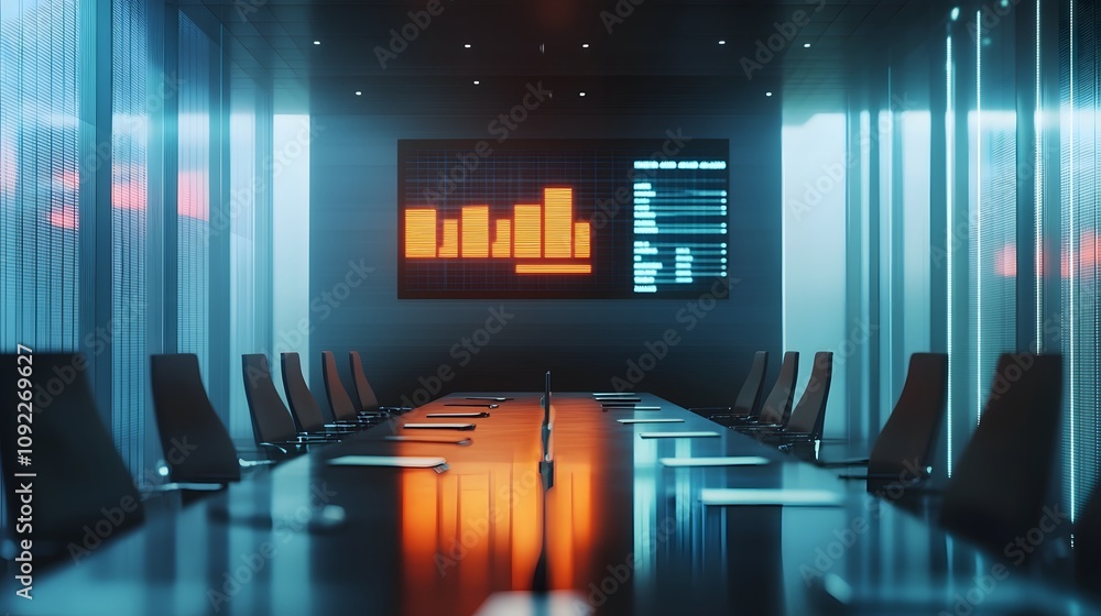 Poster a minimalist meeting room where 3d glowing financial forecasts are discussed alongside 2d floating o