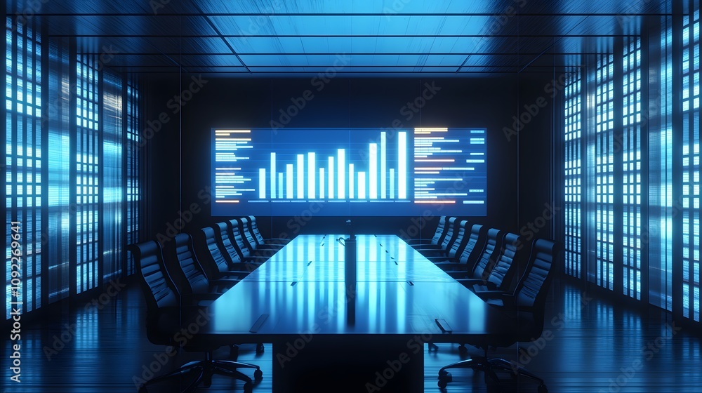 Poster a minimalist meeting room where 3d glowing financial forecasts are discussed alongside 2d floating o