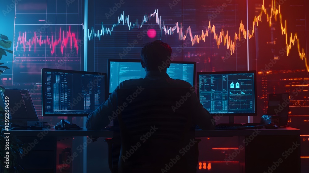 Poster a startup founder working late, surrounded by 3d glowing charts of market trends and 2d glowing prog